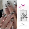 Silver 3D butterfly nail charms with rhinestones model K03 set on long nails - Mixed Silver (K03) / 10 Pieces Pack