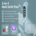 Macro detail of portable 2-in-1 nail drill pen with LED speed display and 8x magnifying lens - Blue