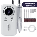 Detail view of 45000RPM electric nail drill set with LCD screen and metal drill bits - White