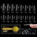 Size chart for Coffin X-Long fake nails showing 16 sizes and dimensions on black background - XL / X-Long Coffin (Arch 04) / 160-Piece Pack / Clear