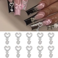 Macro detail of silver heart nail pendants with rhinestones on long coffin nails - 10pcs Heart Rhinestone Pendant (Silver)