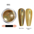 Laser gold nail powder with applicator showing effects on black and transparent bases - Laser Powder 01
