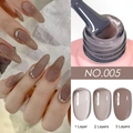 Detail showing layers 1 to 3 of nude mauve gel polish NO.005 on nails and brush - Iced Translucent Gel 05