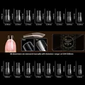 Size guide for coffin nail tips showing 16 dimensions from 14.0x26.7mm to 6.4x20.7mm - Semi-Frosted Tapered Square Style (OMB-02)