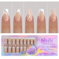 Vista macro di unghie soft gel French con base 3-in-1, primer e design a vortice - Rosa Nude Riccioli Bianchi (02)