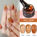 Detail of amber gel nail polish texture with brush and 1-3 layer opacity comparison - Iced Translucent Gel 09