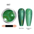 Green holographic nail powder 007 showing black vs transparent base effect with sponge tool - Laser Powder 07