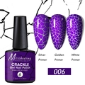 Detailed view of purple crackle gel nail polish effect over gold and silver base colors - Crackle Gel 06