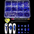 Blue nail art crystal set with 12-grid rhinestones, tweezers, and dotting pen tools - 12 Grids Blue Rhinestone Set