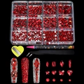 Detail-Set für rote Nagelkunst-Strasssteine mit Pinzette, Punktierstift und flachen Kristallen - 12 Raster Rote Strass Set