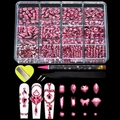 Macro view of 12-grid nail art kit with pink rhinestones, wax pencil and tweezers set - 12 Grids Rose Pink Rhinestone Set