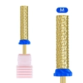 Golden medium grit cylindrical alloy nail drill bit with blue ring and pink base stand - Medium Style(HA-04)