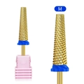 Golden alloy cylindrical nail drill bit in medium grit with pink plastic storage base - Medium Style(HA-06)