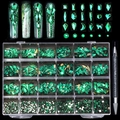 24-grid emerald green nail art rhinestones set with various shapes and picker pen - Irregular Dark Green Style (sp0555)