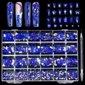 Royal blue nail art rhinestone set with 24 grids of assorted shapes and a picker pen - Irregular Deep Blue Style (sp0555)