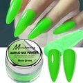 Dettaglio della polvere acrilica verde neon con unghie lunghe e barattolo del prodotto - Verde Neon (AC38)
