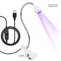 Détail de mini lampe UV blanche avec col de cygne flexible, pince et câble USB intégré - Blanc
