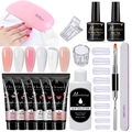 15ml nail extension kit with pink UV LED lamp, slip solution, and 6 assorted gel colors - 15Pcs Nail Extension Gel Set (MGK06-A)
