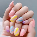Colorful pastel wave press-on nails in oval shape with glossy finish for daily wear - Multi-color Spliced Wavy Pattern (JP0467-01)