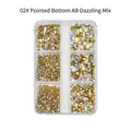 Macro view of six-slot storage box with AB iridescent nail art rhinestones and crystals - 6 Grids Pointed Rhinestones 02 AB Aurora