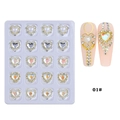 Detail of heart-shaped nail charms with crystals and pearls on gold base 20pcs pack - Heart Pearl Rhinestone Style (20-Grid Alloy 01)