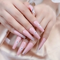 Unghie finte a bara lunghe rosa con motivi a stella, strass e glitter argento - Stile Rosa Con Strass a Stella (JP0467-06)
