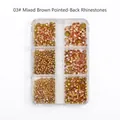 Detailed view of champagne gold nail art rhinestones in a 6-compartment storage box - 6 Grids Pointed Rhinestones 03 Champagne