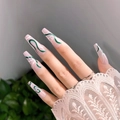 Long coffin press-on nails with dark green and white wavy swirl patterns over nude base - Pink and Green Wave Style (JP0370-07)