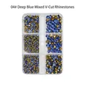 Detail of deep blue and gold pointed bottom nail crystals in a six-grid organizer box - 6 Grids Pointed Rhinestones 04 Deep Blue