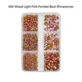Close-up of pink and champagne pointed glass rhinestones in a 6-grid nail art box - 6 Grids Pointed Rhinestones 06 Light Pink