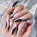 Extra long coffin press-on nails with pink white and black geometric color block design - Pink White Black Geometric Coffin Style (JP0467-11)