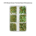 Detailed view of green pointed-back nail art rhinestones in a 6-compartment storage box - 6 Grids Pointed Rhinestones 07 Light Green
