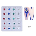 Detail of assorted crystal nail gems in metal settings with colorful manicure examples - Red Blue Green Silver Mixed Rhinestones (08#) / 20 Pieces Set
