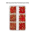Detailed view of red and gold pointed back rhinestones in a 6-compartment storage box - 6 Grids Pointed Rhinestones 09 Bright Red
