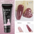 Macro-detail van parelmoer glitter verlengingsgel 002 met voor en na resultaten - 15ml Parel Verlenging Gel 02 (Bonenpasta Roze Glitter)