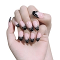 Unghie finte rosa con fiamme nere e glitter argento a forma di ballerina coffin - Stile Fiamma Nera (JP0484-04)