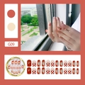 Press-on nail set G09 in brick red and beige with checkerboard pattern and gold foil glitter - Brick Red Pink Checkerboard Gold Foil Style (G09)