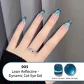 Detail of blue dynamic cat eye nail gel with holographic reflection and French style effect - Dynamic Glitter Cat Eye 05
