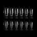 Size chart for coffin nails with heart cutout showing 12 precise dimensions in millimeters - 504 Pieces / Transparent Heart