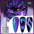 Macro shot of sparkling cat eye nail polish with vibrant blue and purple magnetic effect - Peacock Cat Eye Gel 08