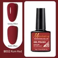Rum Red UV gel nail polish showing glossy and matte finishes in 7.5ml bottle - B032 Rum Red