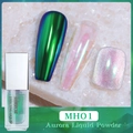 Makroaufnahme der Aurora Liquid Powder Flasche und metallischer Chrom-Spiegeleffekt - MH01-Metallisches Grün (Magische Flüssigkeit 01)