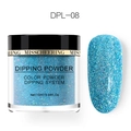 Close-up of DPL-08 light blue glitter dipping powder jar with matching nail sample swatch - Light Blue Pearlescent Glitter (DPL-08)