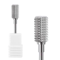 Macro detail of silver alloy nail drill bit with fine grid texture and white storage base - Mesh Texture Cylindrical Style (HH-14)