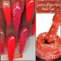 Vibrant neon orange laser colorful nail gel polish with glitter finish in shade 007 - Coral Red Laser (07)