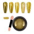 Vista macro della polvere per unghie oro MCB-01 con applicatore ed esempi di effetti specchio - Stile Oro (MCB01)