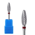 Close-up of alloy nail drill bit with cross-cut teeth and red identification ring - Red ID Ring Oval Style (HH-21)