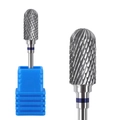 Close-up of silver tungsten carbide nail drill bit with blue identification ring and case - Blue ID Ring Cross Cut Style (HH-23)