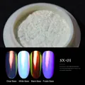 Iridescent mermaid nail powder SX-01 shown on transparent white black and purple bases - Shell Neon Powder SX-01