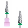 Macro view of tapered carbide nail drill bit with green ring and pink storage box - Green ID Ring Tapered Style (HH-29)